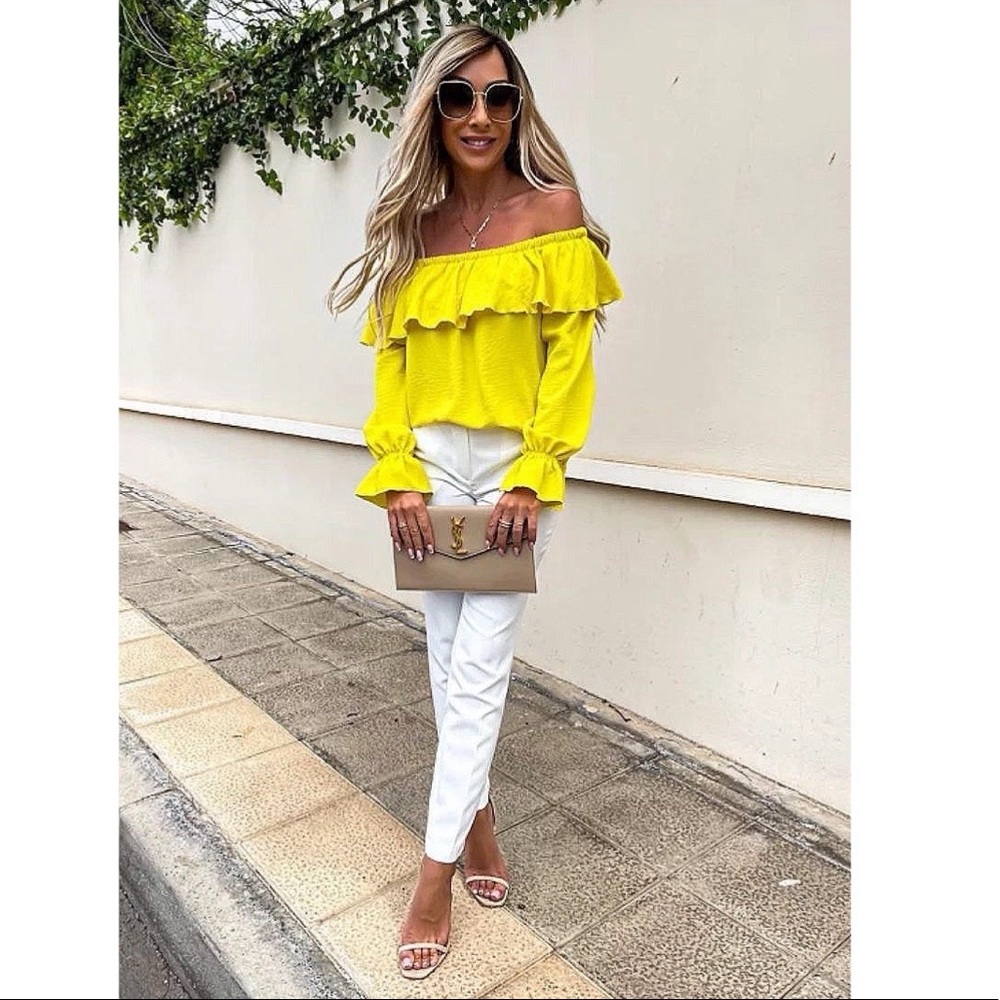 Yellow Long Sleeve Off Shoulder Ruffle Top Blouse - Picture 2 of 10